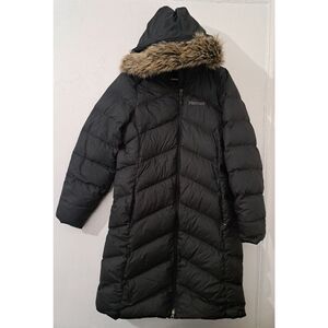 Marmot Black Puffer Coat with Faux Fur Hood